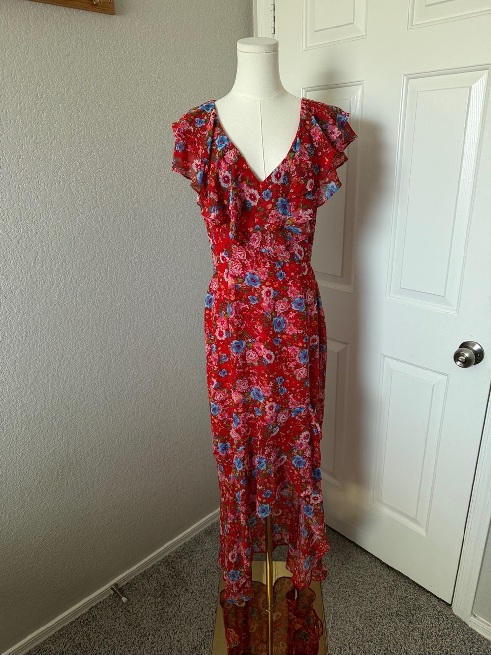 Wayf Red Floral High-Low Ruffle Maxi Dress - Picture 2 of 5